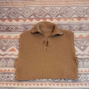 Tan Ribbed Knit Sleeveless Vest with Polo Collar